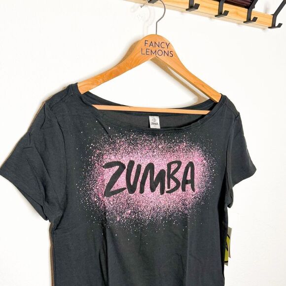 Zumba NWT! Cosmic Fancy Top Black Pink Splatter Graphic Dance Tee Size XS/S - Picture 2 of 4